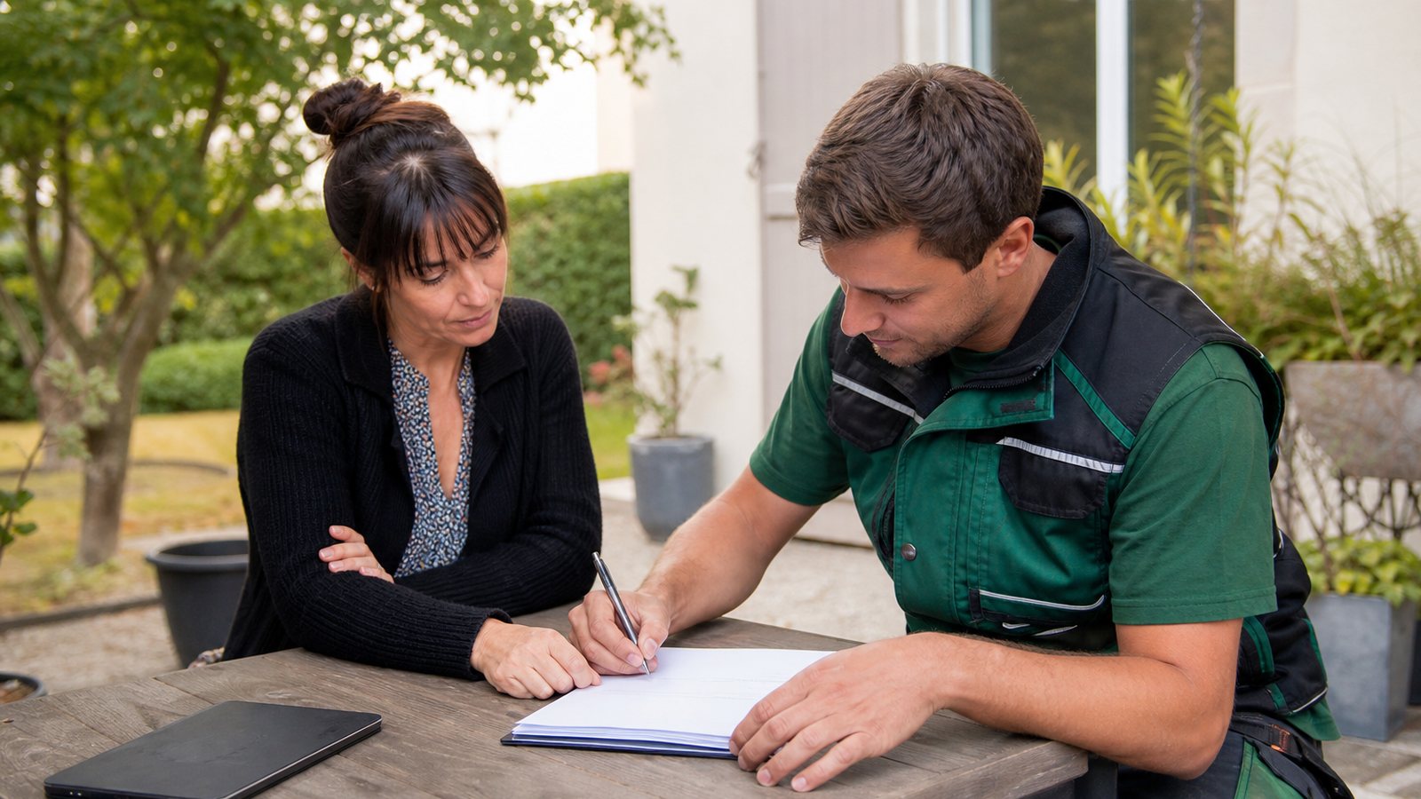 Paysagiste et cliente relisant les clauses d'un contrat d'entretien de jardin