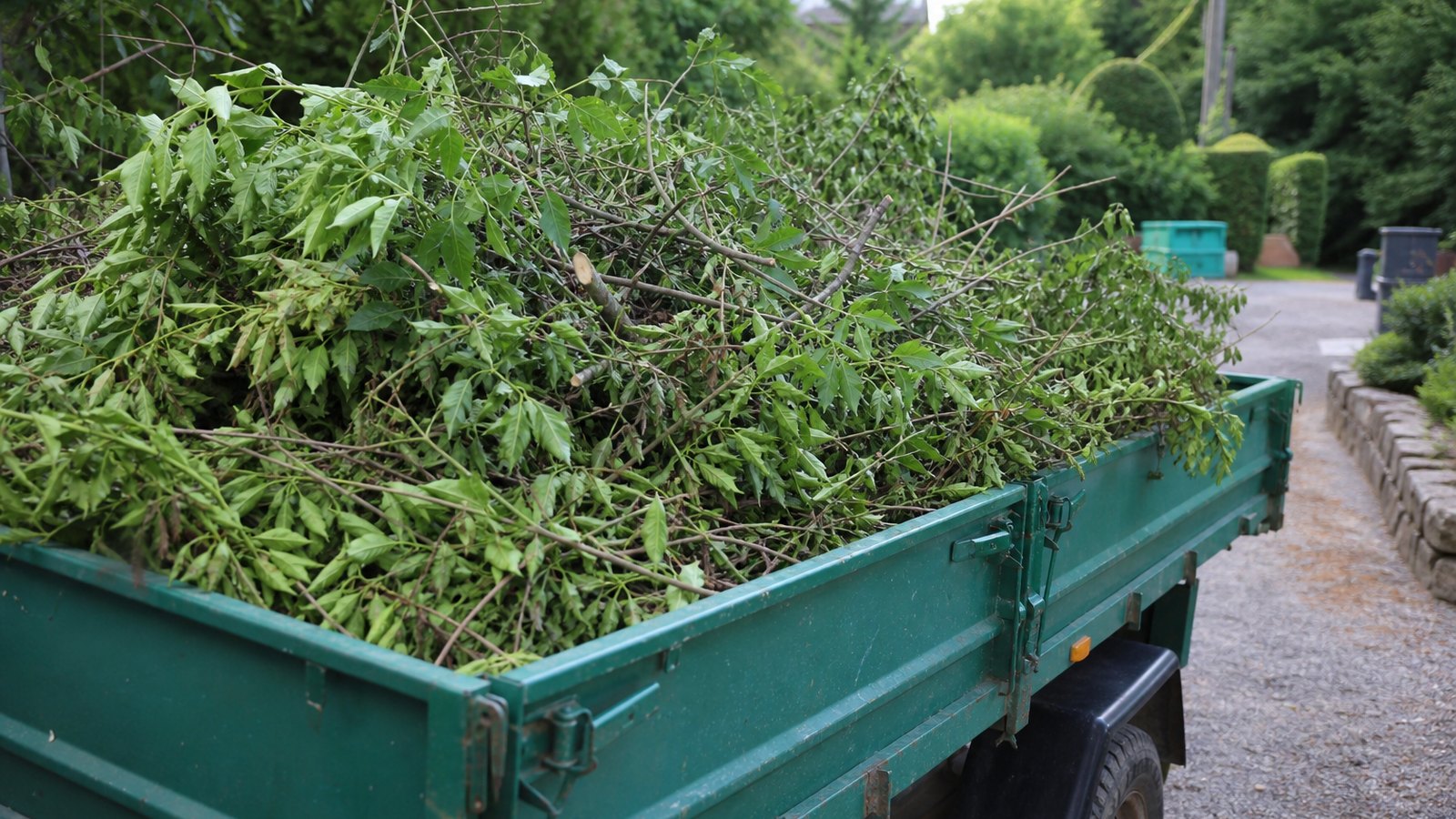 Chargement de déchets verts dans une remorque sur un chantier