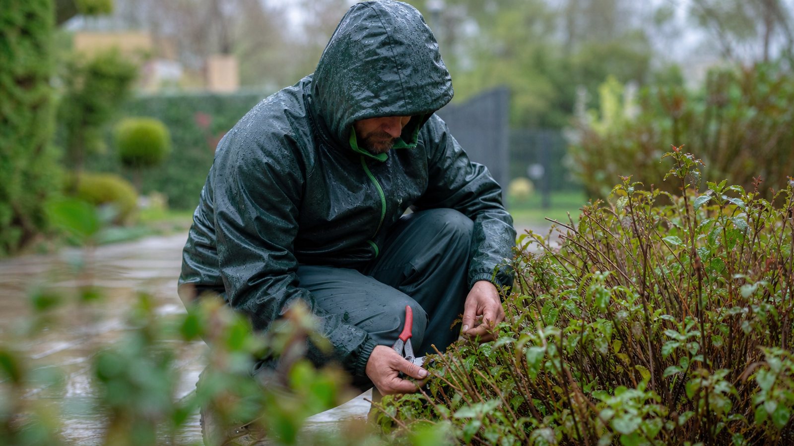 Paysagiste consultant les prévisions avant de reporter un passage d'entretien sous la pluie