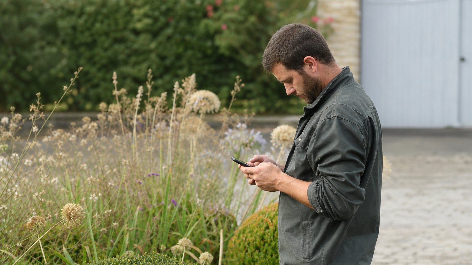 Paysagiste utilisant une application sur le terrain pour son suivi