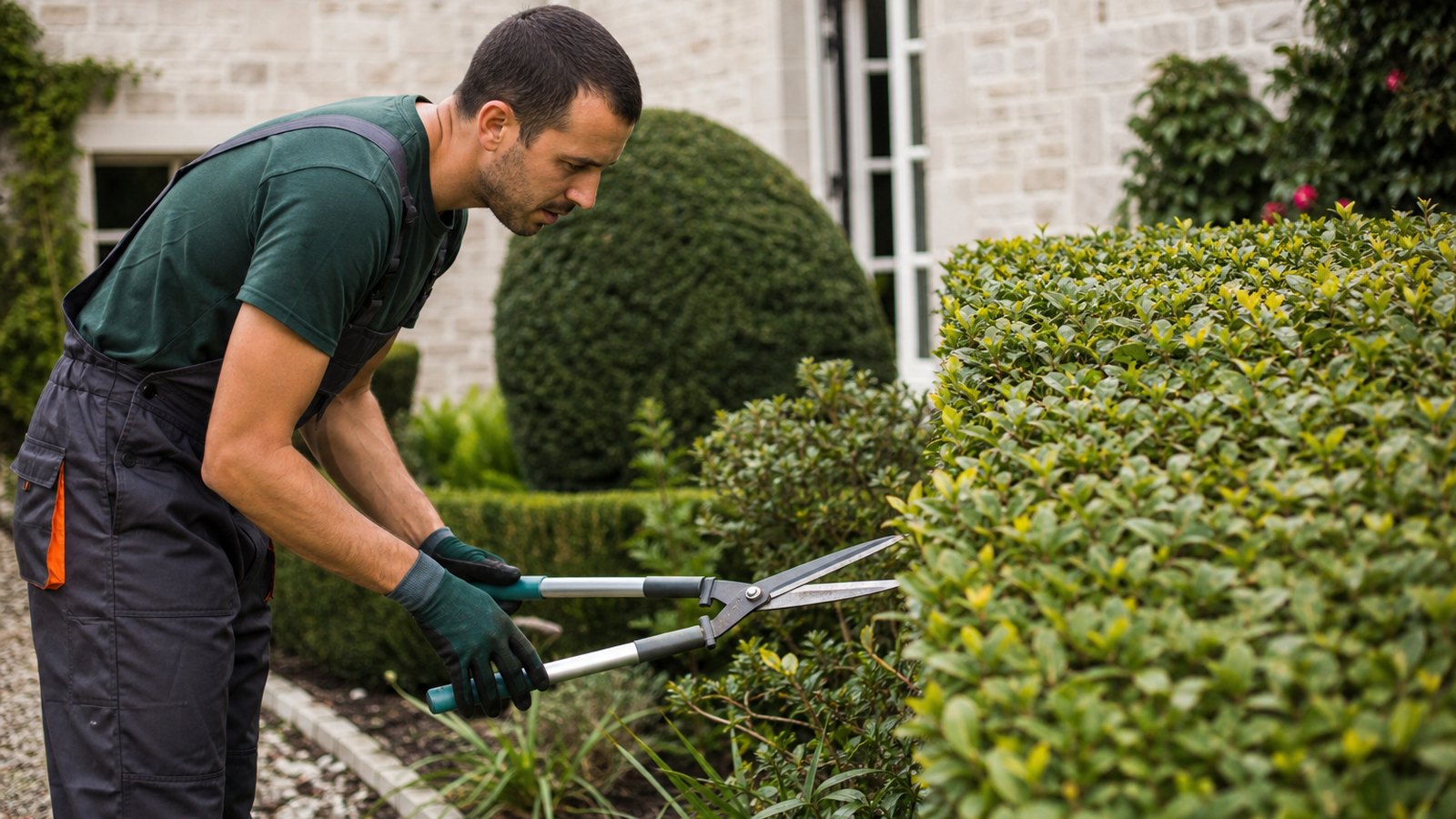 Jardinier paysagiste entretenant une haie dans un espace vert